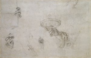 Recto: Hand die een Kroon vasthoudt, en andere Studies voor de Kroning van St. Nicolaas van Tolentino door Raffaello Sanzio Raphael